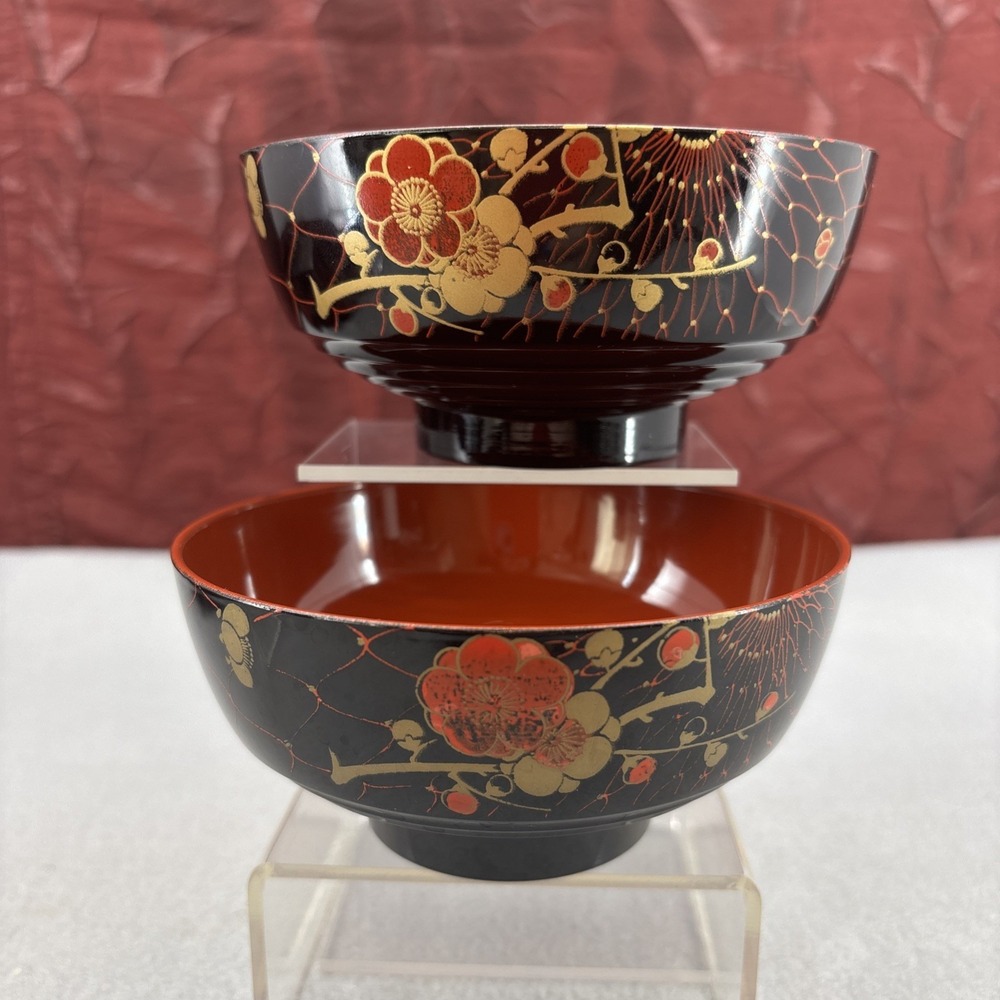 Japanese Lacquerware Bowls Soup Rice Noodles Red Black Gold Floral Miso Japan - Picture 16 of 16
